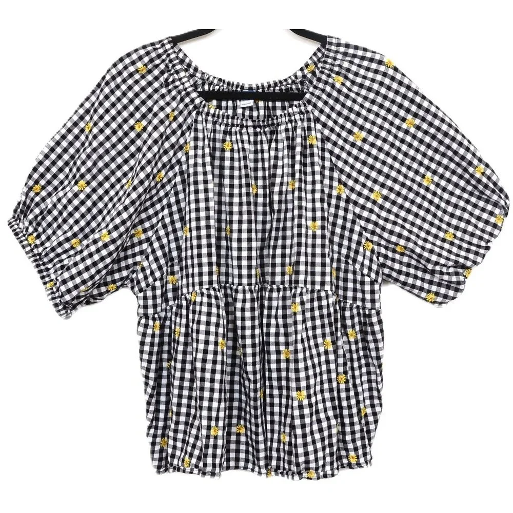 Old Navy PLUS XXL Gingham Floral Daisy Embroidered Puff Sleeve Babydoll Top